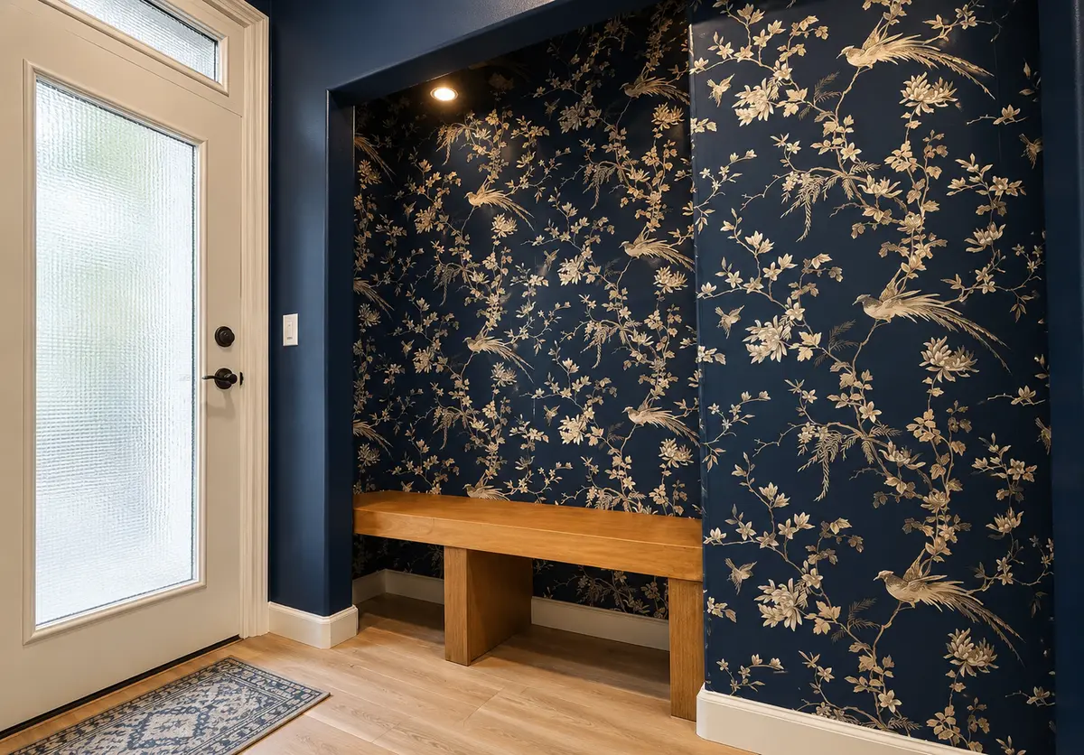 Completed custom entryway designed by Evolve Design at the SW 14th St project in Gresham, Oregon. Features a modern white front door with textured glass, a recessed nook lined with navy blue and gold floral bird wallpaper, an overhead spotlight, and a solid wood bench