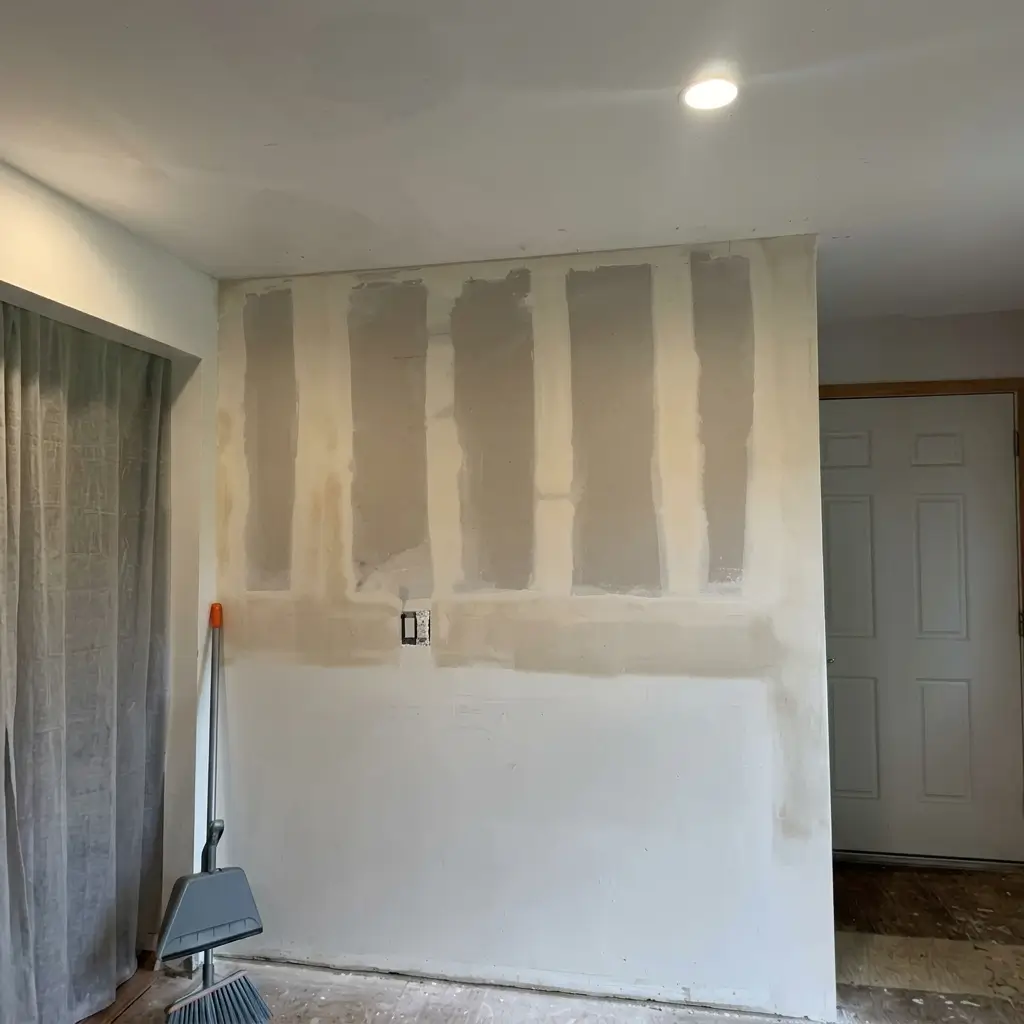 Kitchen interior wall undergoing drywall taping and mudding during a kitchen remodeling project in Damascus, Oregon, with a dust broom, doorway, and recessed ceiling lighting