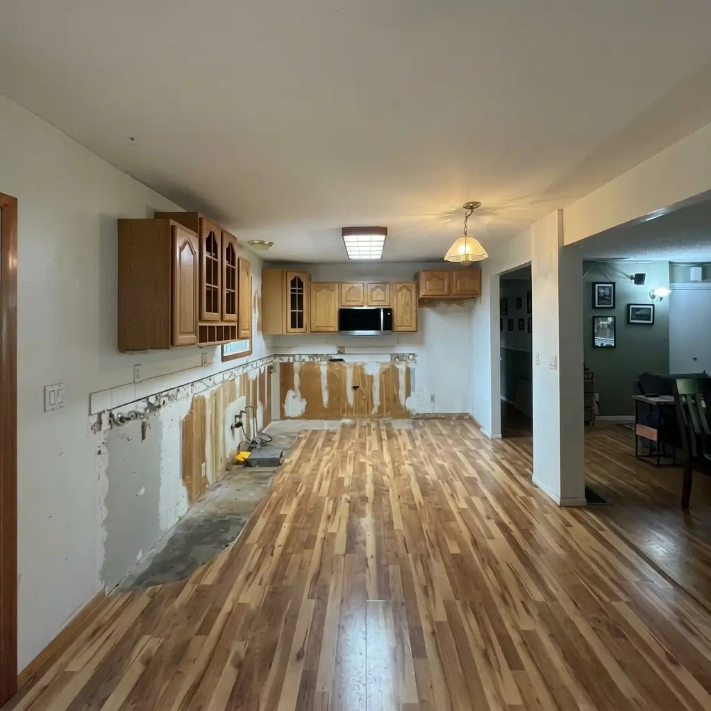 Kitchen renovation in progress showing lower cabinets removed, exposed drywall behind former countertops, and remaining oak upper cabinets during an Evolve Design project