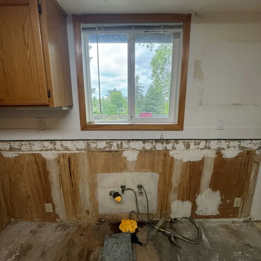 Kitchen window area during demolition phase of a kitchen remodeling project in Damascus, Oregon, showing exposed sink plumbing, removed lower cabinets, and partial backsplash tile