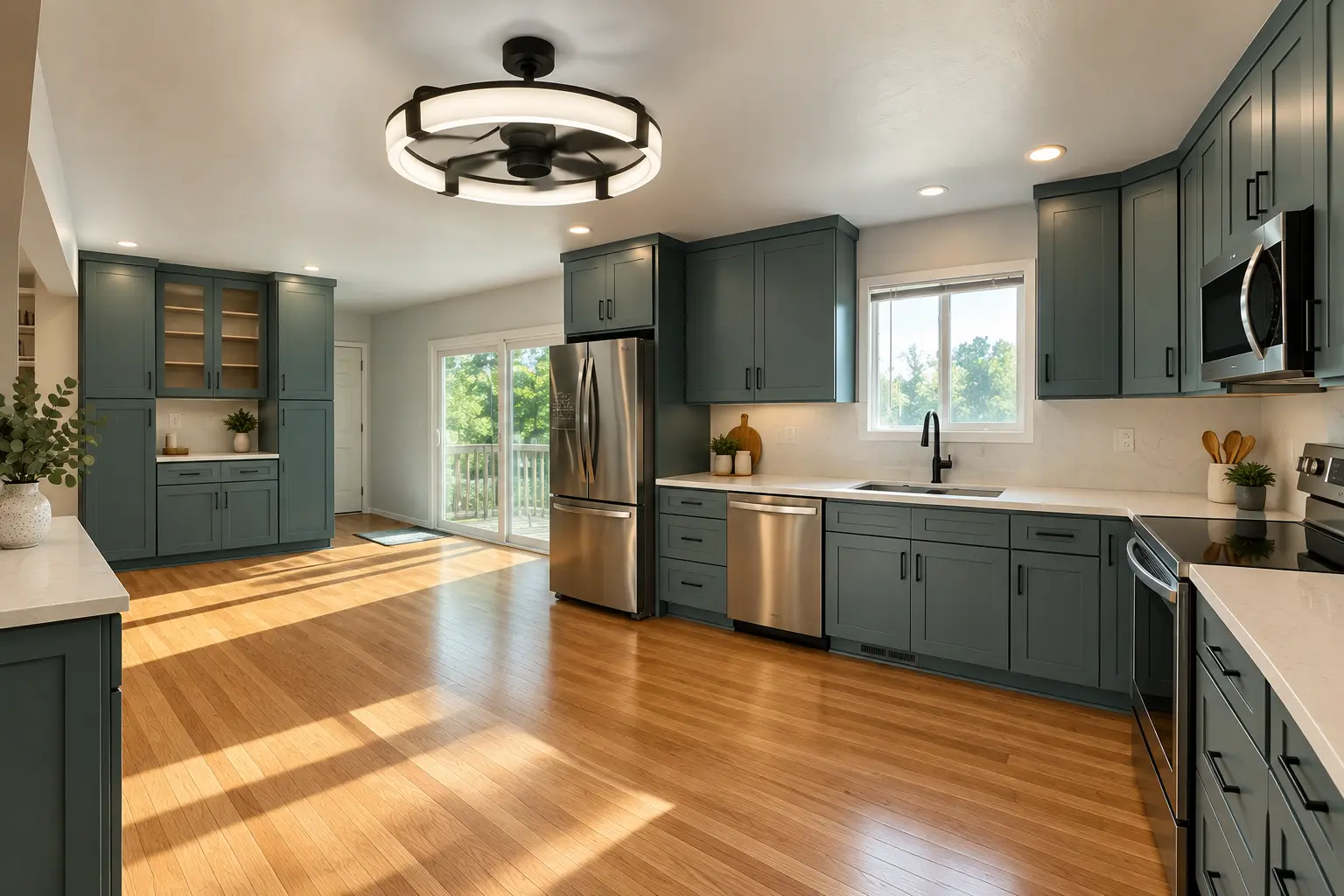 Bright, professionally staged kitchen remodel in Damascus, Oregon, featuring dark teal shaker cabinets, white quartz counter, stainless steel appliances, refinished hardwood floor, and a modern circular ceiling fan fixture