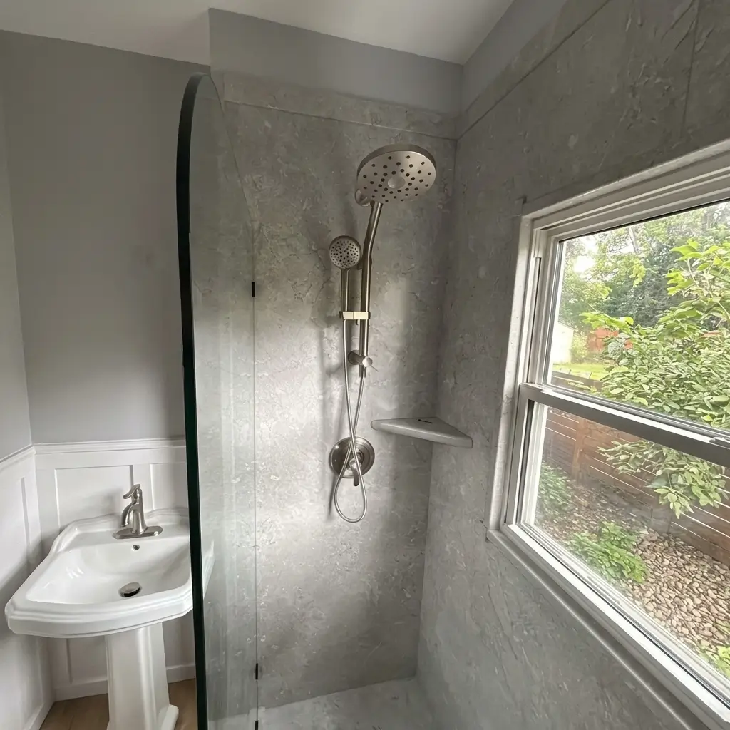 Close-up of brushed nickel dual shower heads and shelf inside a stone-tiled shower stall next to a window in a remodeled Portland bathroom