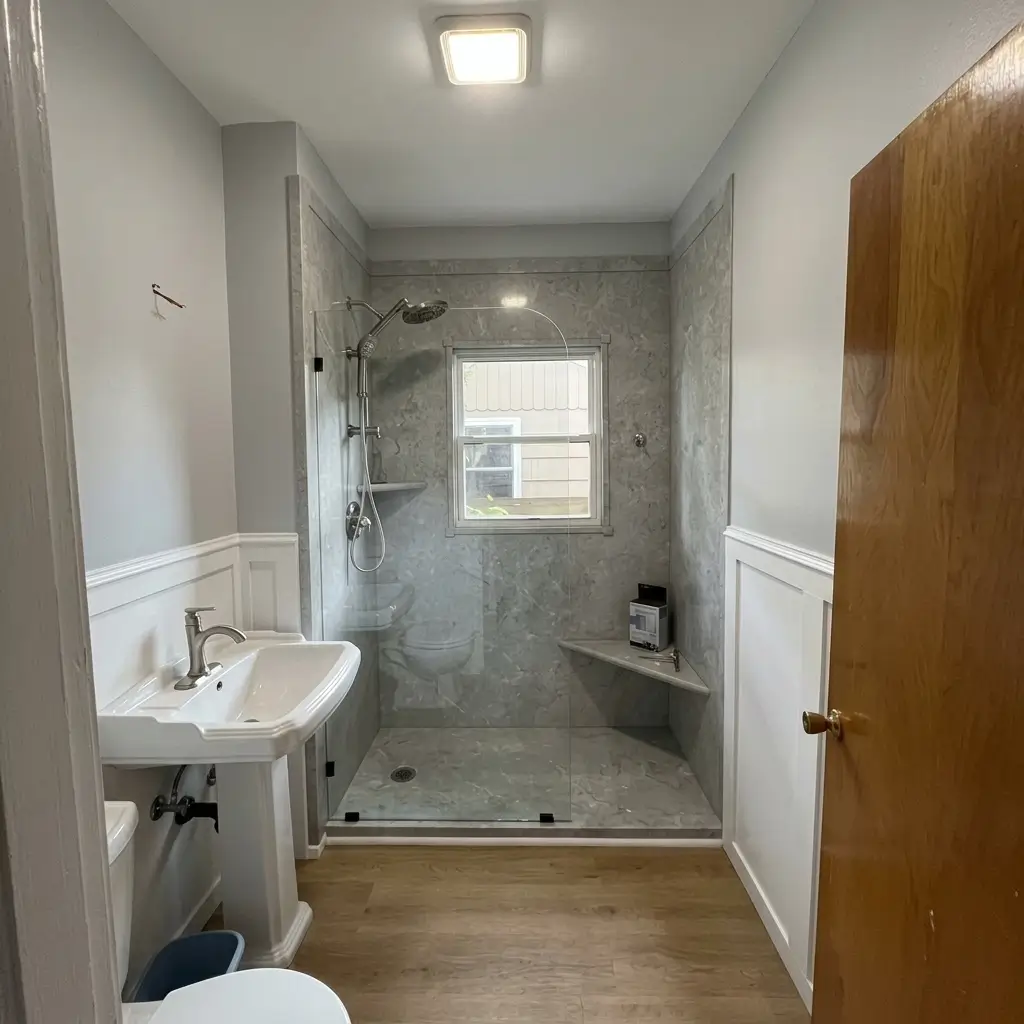 Modern remodeled bathroom view showing a glass-enclosed walk-in shower with stone surround, window, corner bench, pedestal sink, and wooden door entry in Portland, Oregon