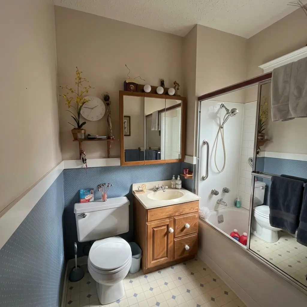 Before photo of an outdated bathroom featuring blue wallpaper, wooden vanity, oak medicine cabinet, and sliding glass bathtub enclosure in a Portland home