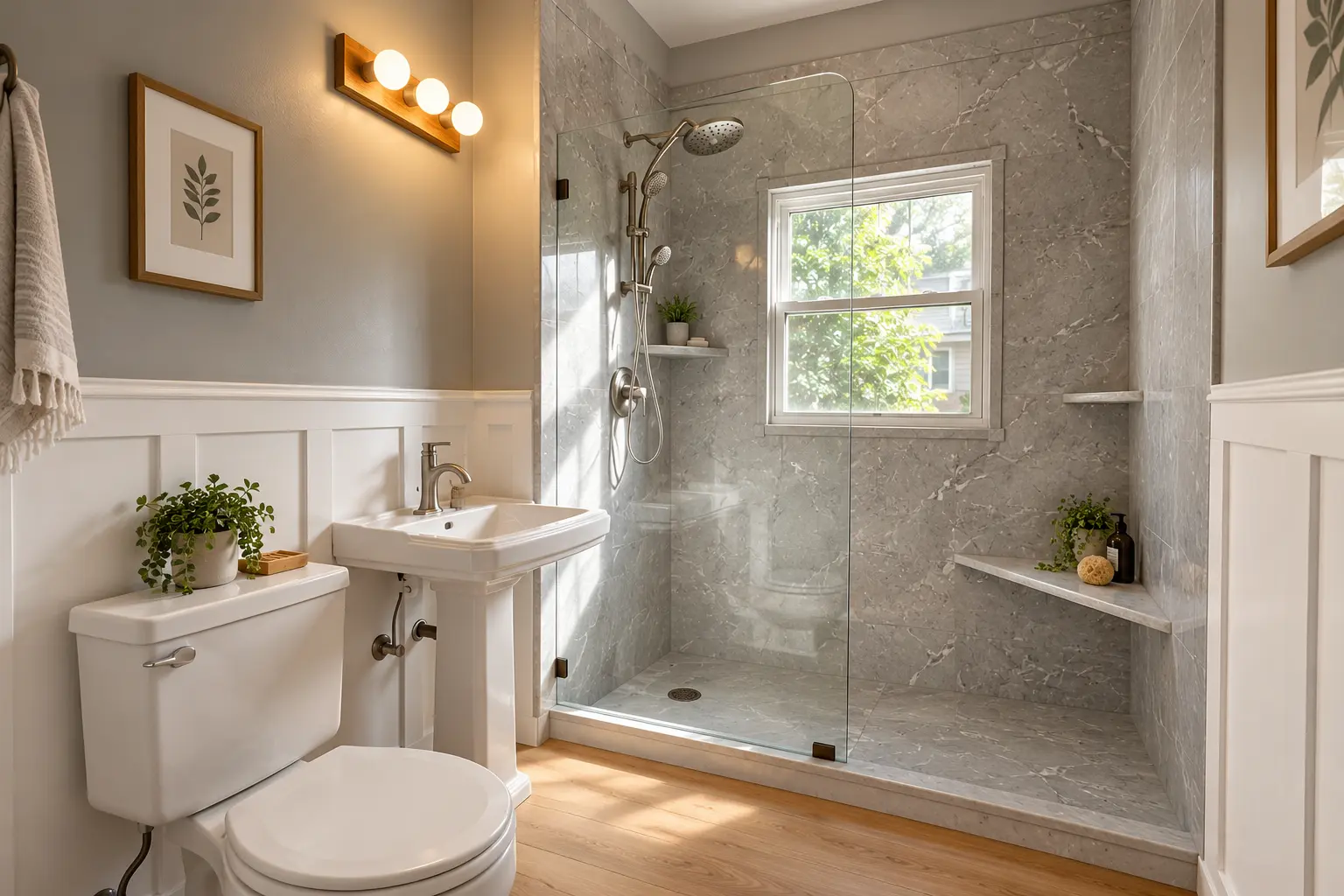 Wide angle of a completed bathroom remodel showing a gray marble-tiled walk-in shower with bench and glass door, pedestal sink, toilet, and warm wooden flooring in Portland, Oregon