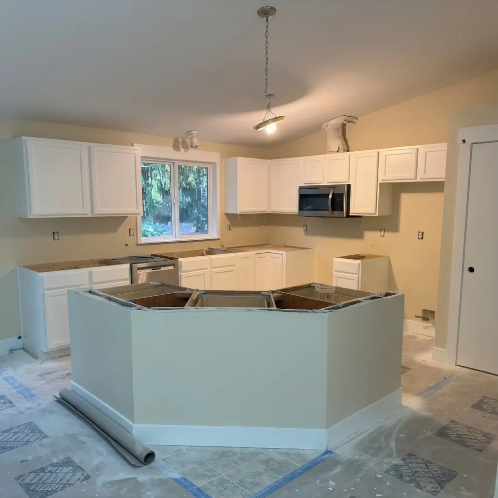 Kitchen remodeling progress showing white shaker wall and base cabinets installed around a custom angled island frame before countertop installation in Woodland, Washington