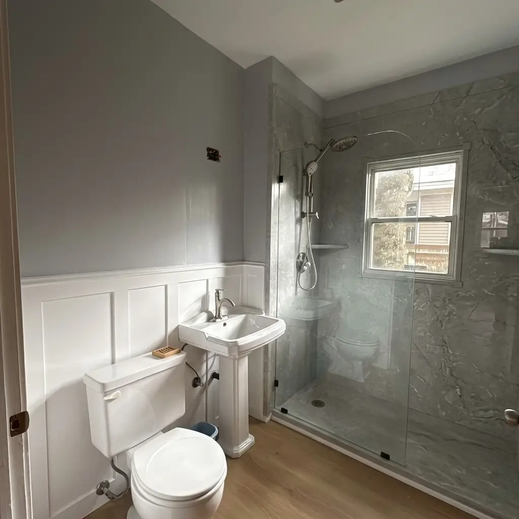 Wide perspective of a remodeled small bathroom in Portland showing a toilet, white pedestal sink, board-and-batten wainscoting, and a walk-in glass shower with marble-patterned tile