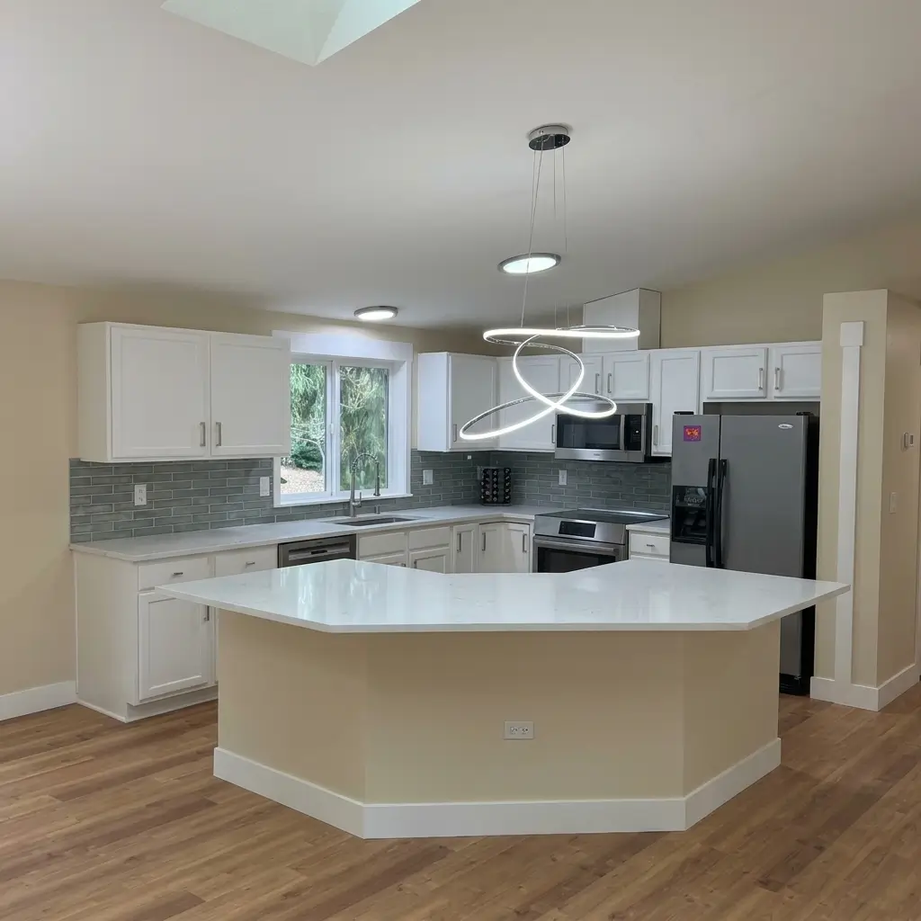 Wide front-facing view of a renovated U-shaped kitchen featuring a multi-angled white quartz island, modern LED loop chandelier, white cabinetry, green subway backsplash, and wood-look flooring in Woodland, Washington